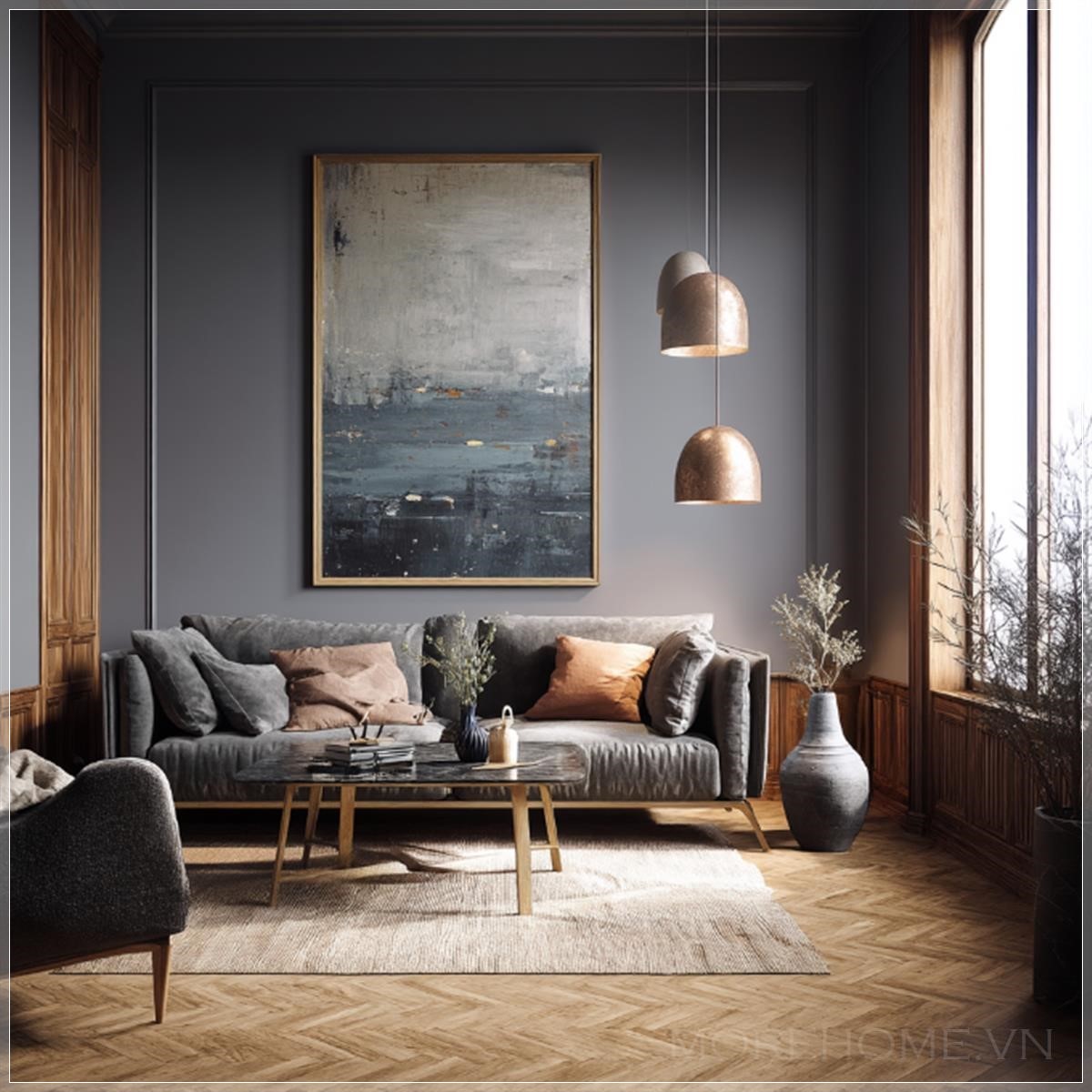  Phòng khách Scandinavian sang trọng, thiết kế nội thất thanh lịch và cao cấp, bảng màu ấm áp, ánh sáng...