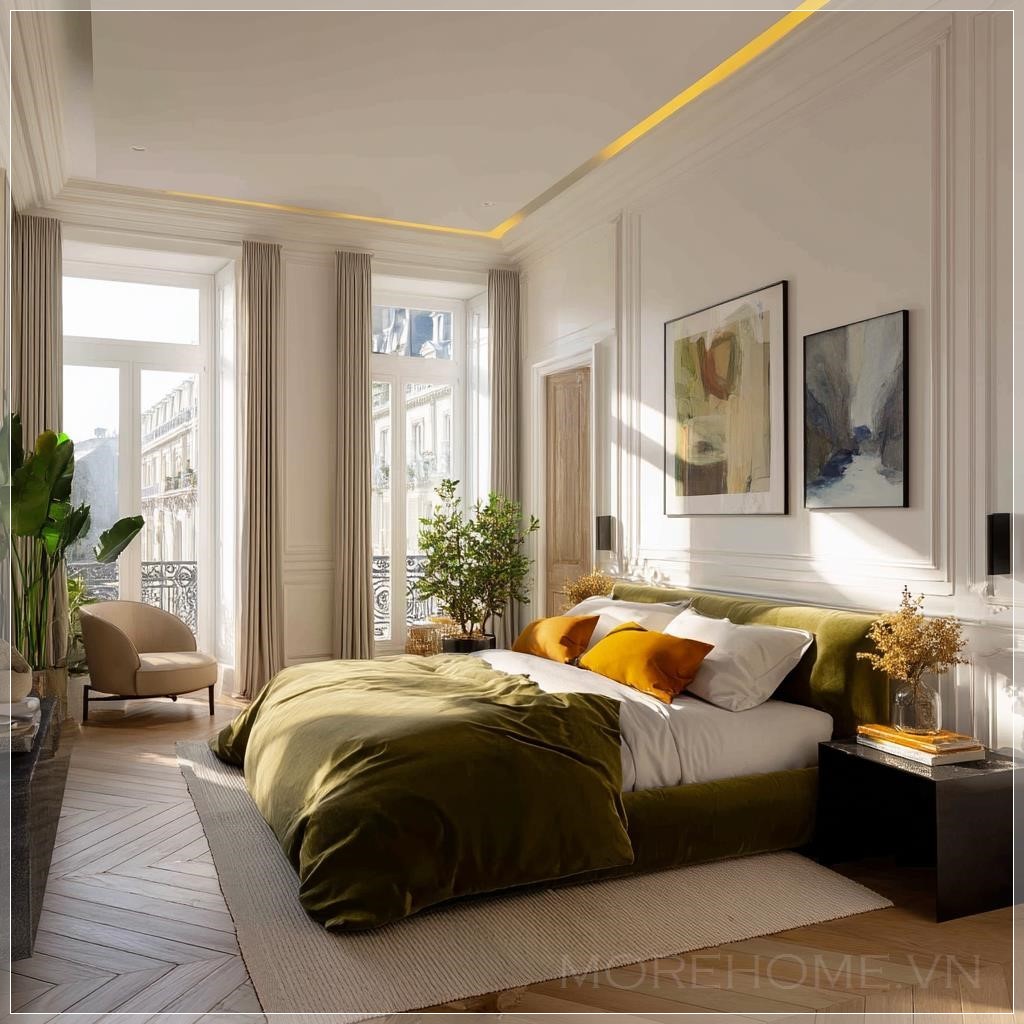  Phòng ngủ tối giản thực tế ở Paris với những bức tường trắng lớn và chiếc giường nhung màu olive, các...