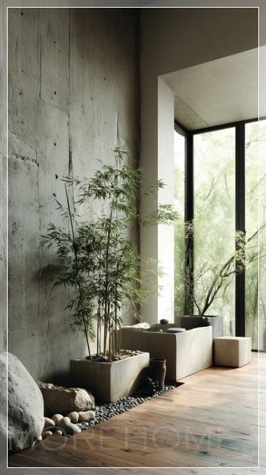  Vẻ đẹp của một khu vườn trong nhà nhỏ với cây tre, nền tường đá xám, sàn gỗ, những viên đá trang trí...