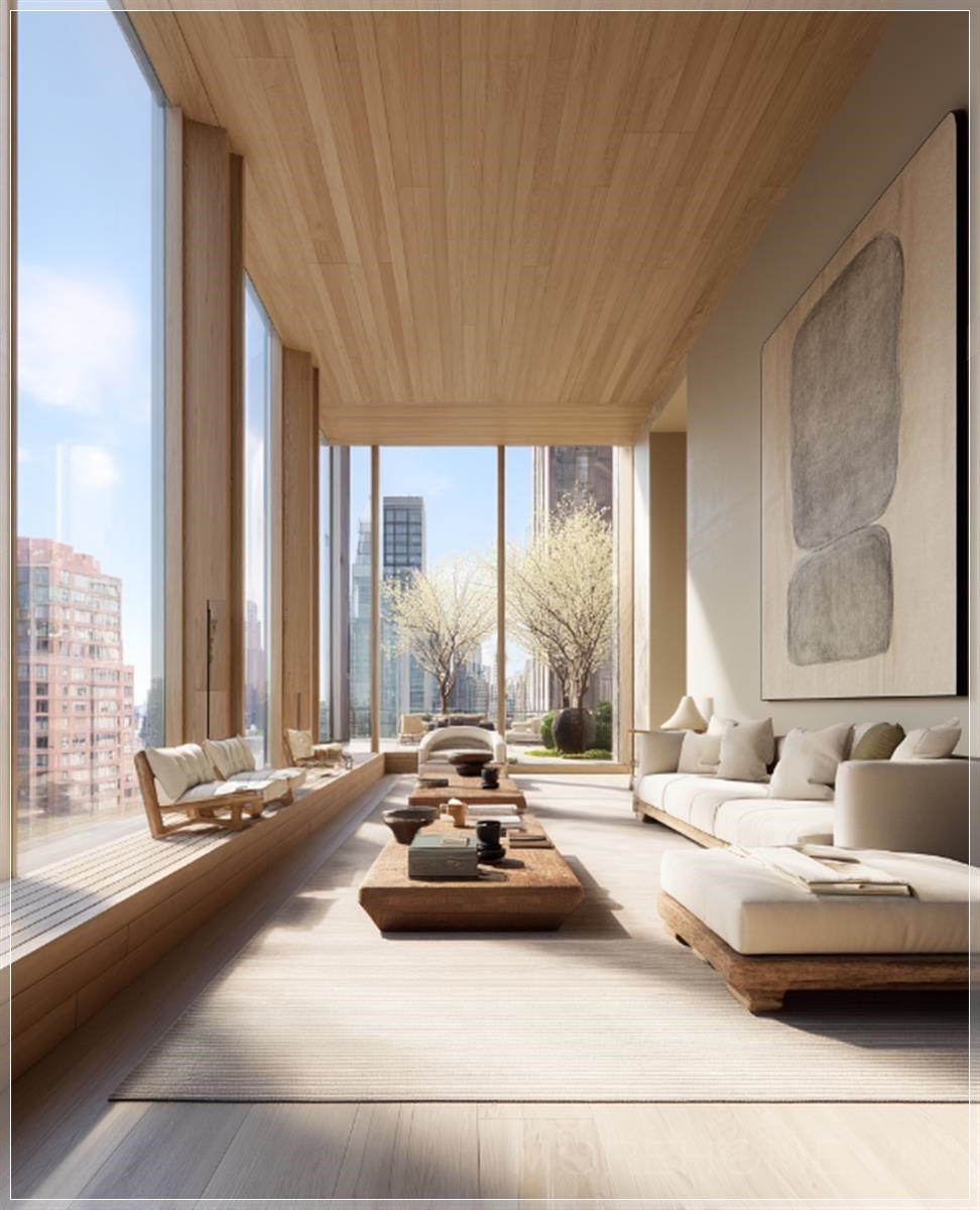  Một không gian nội thất sang trọng trong căn hộ ở New York City với cửa sổ từ trần đến sàn, đồ nội thất...