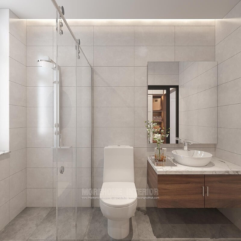 Bạn đang muốn sở hữu mẫu thiết kế phòng tắm đơn giản đẹp, ý tưởng sử dụng phòng tắm kính cửa trượt giúp không gian trở nên thông thoáng, tiện ích, gương ốp tường không bo viền, tường đơn sắc nhưng tổng hòa lại tạo nên bức tranh sang trọng ấn tượng. Thiết kế nội thất