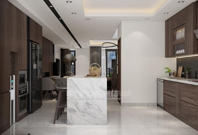 Trang trí phòng bếp đẹp ấn tượng từ phong cách hiện đại sang trọng. Thiết kế nội thất