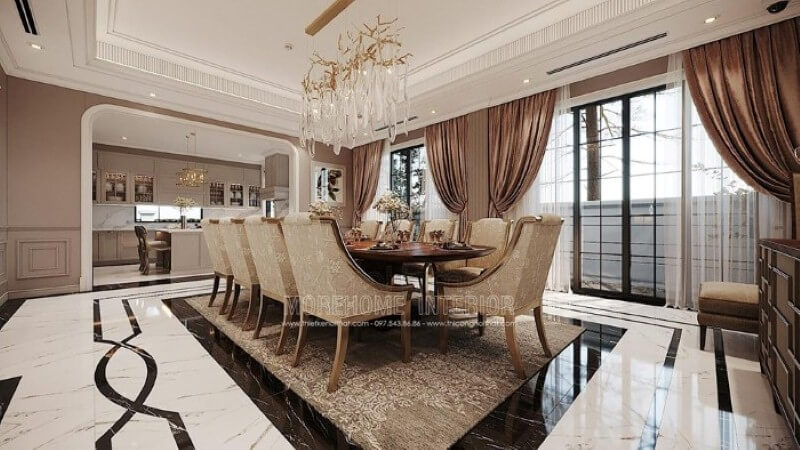 Bố trí nội thất phòng ăn liền bếp phong cách đương đại đẹp, sang trọng. Thiết kế nội thất