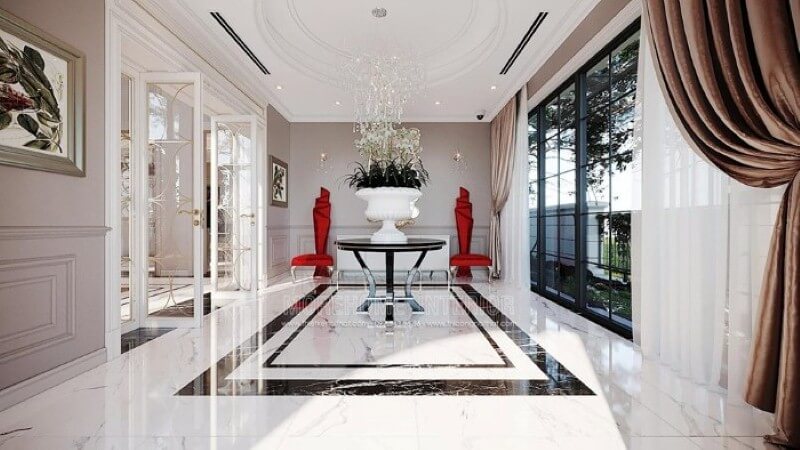 Bộ bàn ghế trang trí sảnh chờ đẹp, sang trọng độc đáo với sắc đỏ nổi bật. Thiết kế nội thất