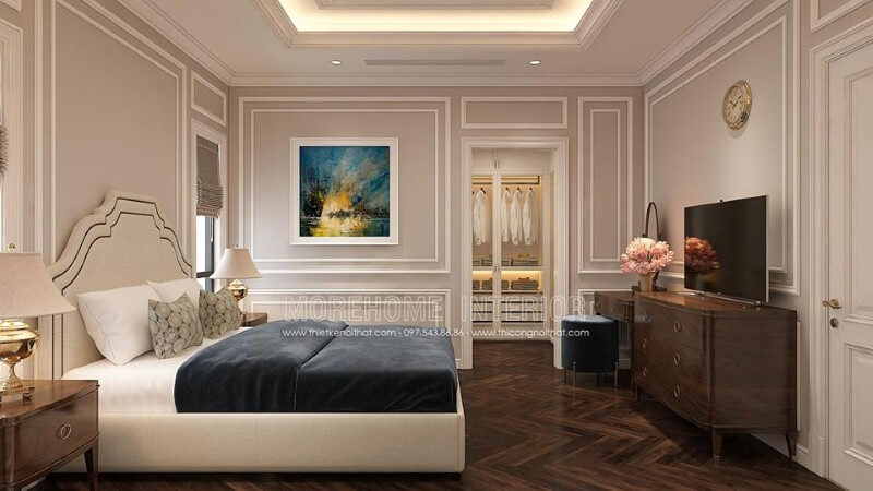 Trang trí nội thất phòng ngủ tân cổ điển có tủ quần áo khoa học, phong thủy. Thiết kế nội thất