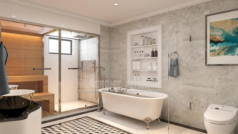 Sắp xếp nội thất phòng tắm cao cấp có bồn đẹp, sang trọng. Thiết kế nội thất