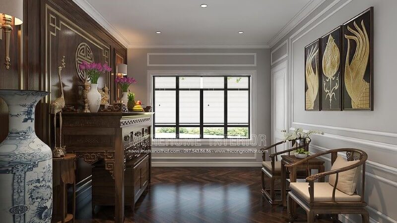 Sắp xếp nội thất gỗ cao cấp cùng cách phối màu, trang trí tạo nên vẻ đẹp trang nghiệm, sang trọng cho phòng thờ. Thiết kế nội thất