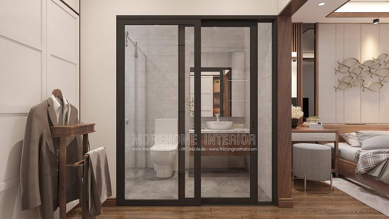 Thoạt nhìn kệ để quần áo như trên có vẻ sẽ mang lại sự bất tiện khi mất thời gian để kệ quần áo ra rồi để vào mỗi khi lấy quần áo trong tủ ra tuy nhiên nó lại hợp lý khi tủ trên lại là tủ để lưu trữ chỉ khi cần bạn mới lấy ra đôi ba lần, còn trang trí tủ quần áo lại nằm ở phía đối diện cửa trượt giúp bạn rất tiện khi tìm quần áo. Thiết kế nội thất