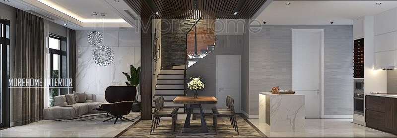 Trang trí phòng khách, bếp ăn hiện đại độc lập nhưng không sử dụng rèm che giúp không gian trở nên thông thoáng, rộng rãi. Thiết kế nội thất