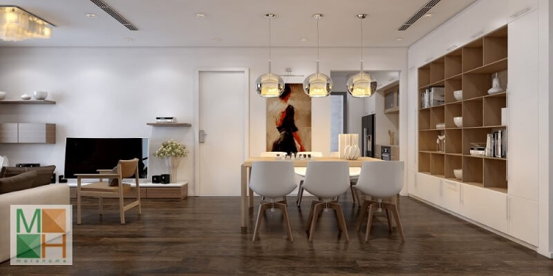 Thiết kế phòng ăn đẹp nối liền với phòng khách không có vách ngăn mang đến một không gian tiện nghi và gần gũi. Thiết kế nội thất