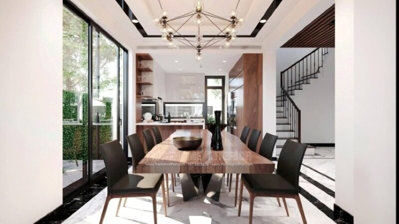 Sắp xếp nội thất phòng ăn đơn giản nhưng độc đáo trong cách phối màu, lựa chọn đồ nội thất hợp lý. Thiết kế nội thất