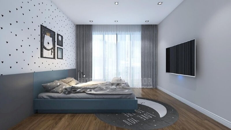 Đối với phòng bé dưới 6 tuổi, ý tưởng trang trí đơn giản nhưng không kém phần sinh động từ giấy dán tường hình tim, tranh canvas Thiết kế nội thất