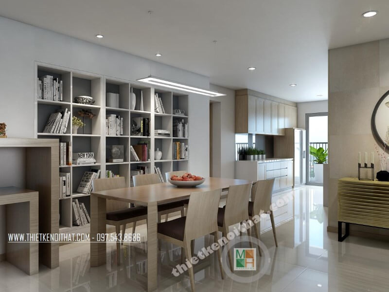 Thiết kế bàn ăn gỗ công nghiệp mang tông màu veneer nâu sữa phù hợp với phong cách thiết kế của căn nhà. Thiết kế nội thất