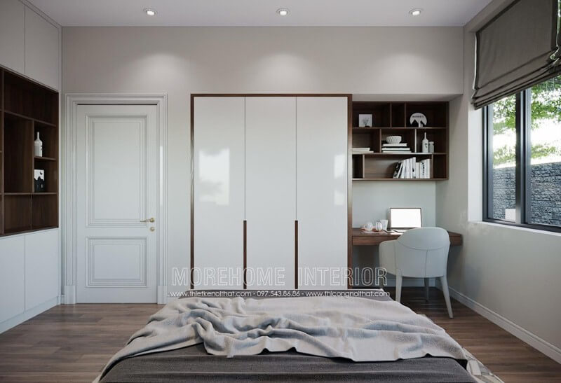 Thiết kế nội thất phòng ngủ sơn trắng kết hợp điểm nhấn gỗ tạo nét độc đáo sang trọng. Thiết kế nội thất