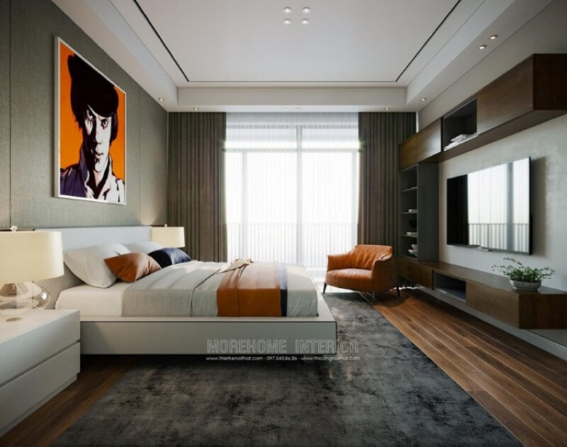 Sắp xếp nội thất phòng ngủ hiện đại ấn tượng với điểm nhấn cam xen kẽ giữa 2 gam màu trắng, xám tương phản. Thiết kế nội thất