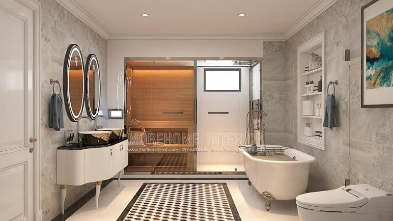 Bố trí nội thất phòng tắm tân cổ điển đẹp, sang trọng có phòng xông hơi, bồn tắm gia đình cao cấp. Thiết kế nội thất