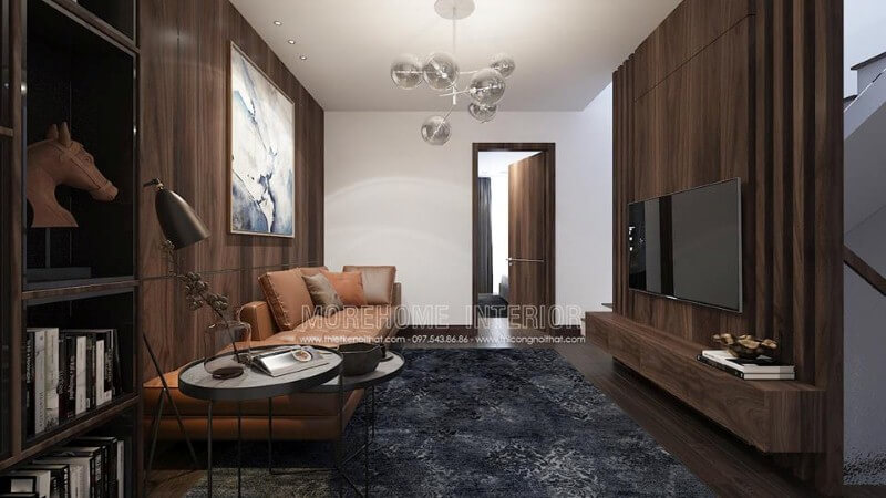 Sofa cam băng dài bọc da đẹp cho phòng giải trí hiện đại, sang trọng. thiết kế chung cư