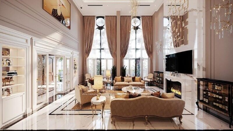 Thiết kế nội thất phòng khách tân cổ điển đẹp, sang trọng tại Vinhomes Imperia Hải Phòng. Thiết kế nội thất
