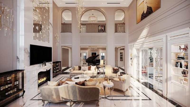 Sắp xếp nội thất biệt thự Vinhomes Imperia Hải Phòng ấn tượng với phòng khách thông tầng đẹp, sang trọng. Thiết kế nội thất