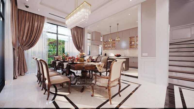 Thiết kế phòng ăn gỗ óc chó nhập khẩu sang trọng cho biệt thự ciputra tây hồ hà nội Thiết kế nội thất