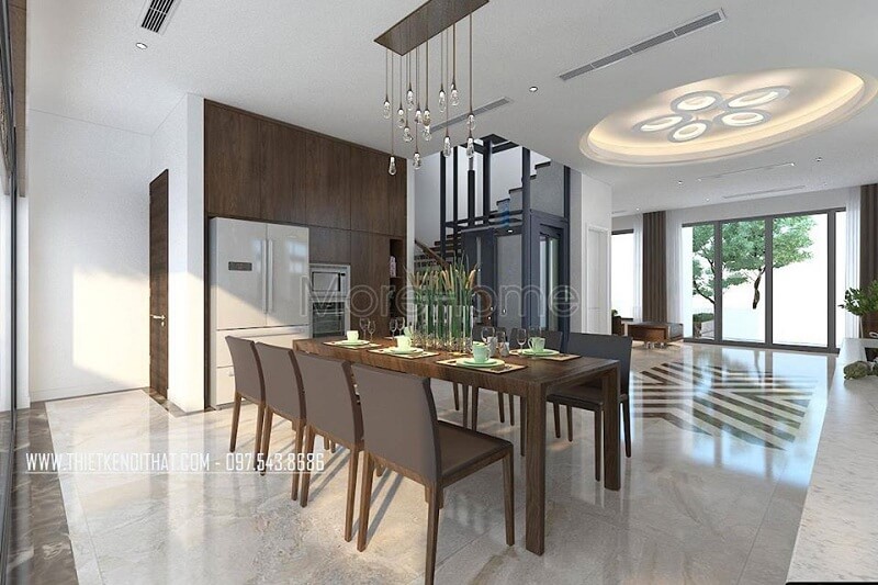 Thiết kế phòng ăn biệt thự hiện đại với bộ bàn ăn 8 ghế gỗ tự nhiện đẹp tạo điểm nhấn nổi bật cho không gian Thiết kế nội thất