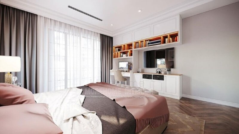Bàn học liền kệ trang trí, kệ tivi, tủ đựng đồ tạo không gian đẹp, liền mạch, tối giản diện tích nhưng lại đảm bảo công năng hiệu quả cho phòng con. Thiết kế nội thất