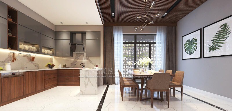 Thiết kế nội thất phòng bếp liền phòng ăn đẹp, hiện đại, tinh tế cho biệt thự, nhà phố tại Vinh, Nghệ An. Thiết kế nội thất