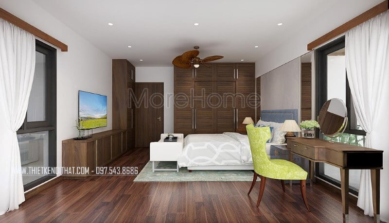 Nội thất phòng ngủ master gỗ óc chó trở thành điểm nhấn bởi vẻ đẹp hoàn hảo được tôn lên từ Sàn gỗ, bộ bàn ghế trang điểm, tủ quần áo, kệ tivi, cửa gỗ. Thiết kế nội thất