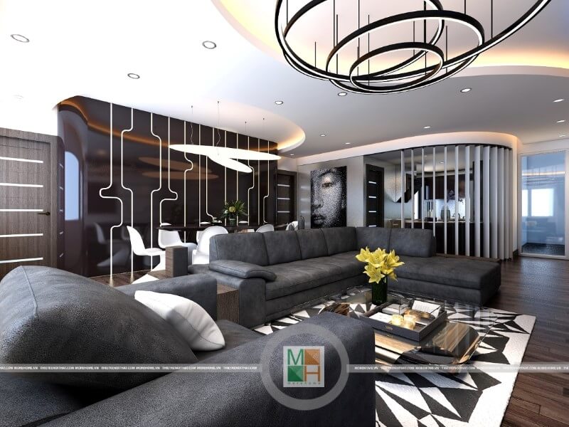 Mẫu thiết kế nội thất phòng khách chung cư cao cấp với đồ nội thất sang trọng: sofa da cao cấp, đèn trang trí, gỗ ốp sàn ,.. mang đến không gian sống đẳng cấp cho gia chủ Thiết kế nội thất