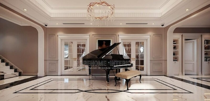 Trang trí không gian để bàn piano đẹp trong biệt thự Vinhomes Imperia Hải Phòng. Thiết kế nội thất
