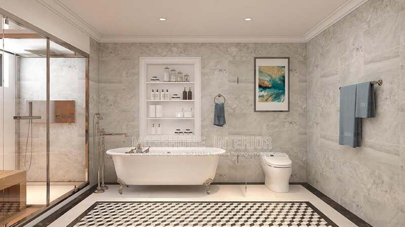 Bồn tắm độc lập Vitoria Hafele cao cấp kết hợp cùng cách trang trí khoa học, thẩm mỹ từ đá ốp tường, gạch lát nền giả cổ, vách tắm kính đã tạo nên không gian phòng tắm đẹp, sang trọng, độc đáo. Thiết kế nội thất