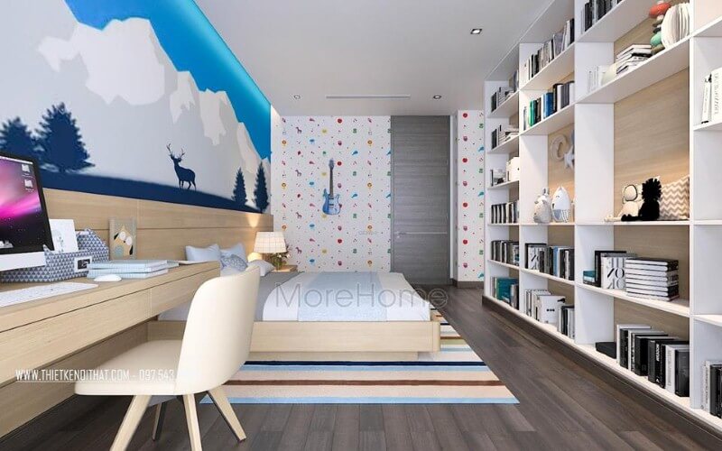Thiết kế nội thất phòng ngủ con trai đẹp, sinh động với tranh, giấy dán tường bắt mắt. Thiết kế nội thất