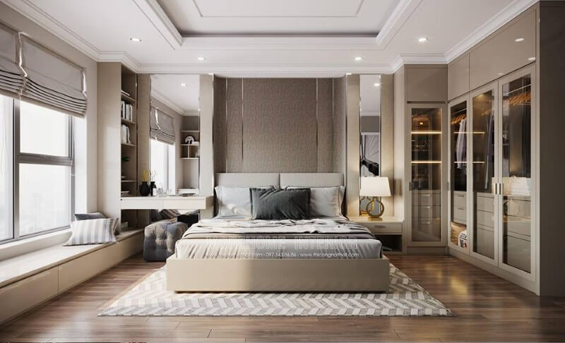 Hệ thống tủ quần áo, bàn trang điểm, kệ trang trí, tab bên giường cùng làm một chất liệu gỗ công nghiệp nhưng có sự kết hợp của gương kính tạo nên không gian phòng ngủ hiện đại sang trọng. Thiết kế nội thất phòng ngủ hiện đại, đơn giản tại HCM
