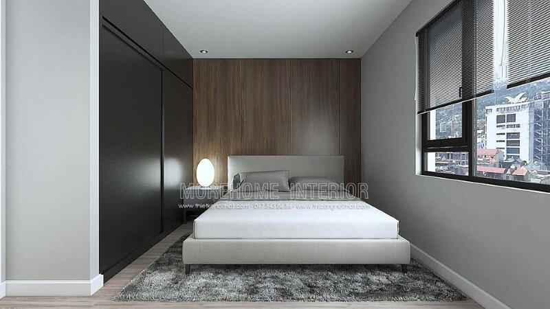 Thiết kế phòng ngủ tối giản với hệ thống tủ âm tường, giường đơn giản không cầu kì. Thiết kế nội thất phòng ngủ hiện đại, đơn giản tại HCM