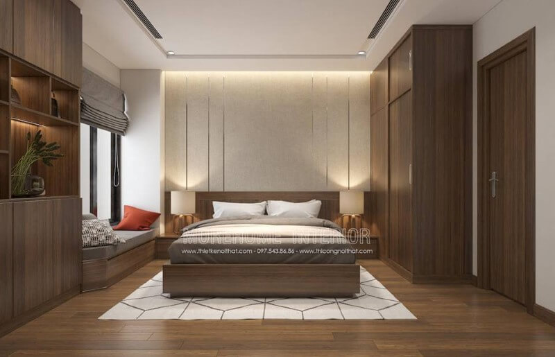 Thiết kế nội thất phòng ngủ chung cư hiện đại với đồ nội thất gỗ công nghiệp thiết kế đẹp mắt Thiết kế nội thất phòng ngủ hiện đại, đơn giản tại HCM