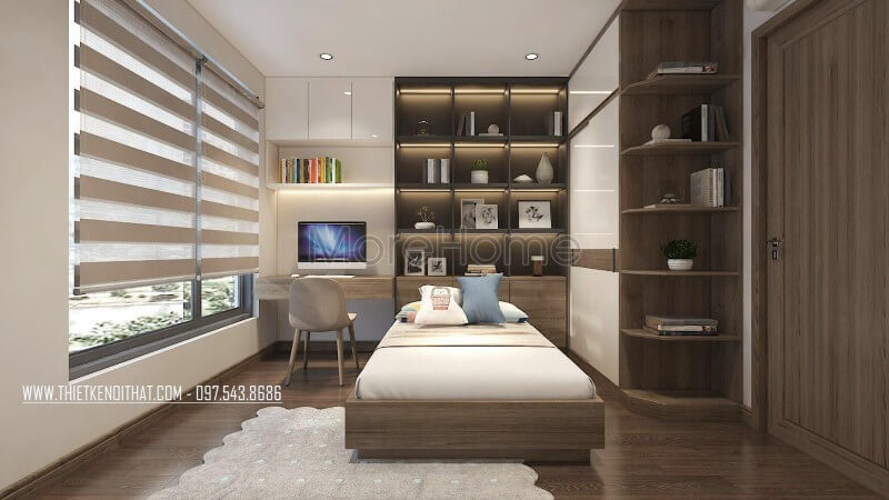 Thiết kế phòng ngủ khách khá tinh tế với chiếc giường đơn gỗ công nghiệp kết hợp với hệ tủ trang trí đầu giường tạo sự gần gũi và hiện đại cho khách. Thiết kế nội thất phòng ngủ hiện đại, đơn giản tại HCM