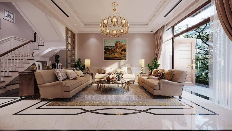 Thiết kế trang trí nội thất phòng khách đẹp phong cách tân cổ điển tại hà nội