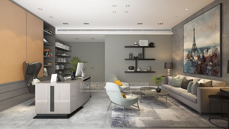 Nội thất với phòng giám đốc đẹp với bộ sofa da màu kem hiện đại kết hợp bức tranh canvas đẹp tạo điểm nhấn được đáo cho căn phòng