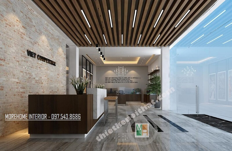 Mẫu thiết kế sảnh chờ văn phòng với khu trưng bày sản phâm công ty sử dụng đồ nội thất gỗ công nghiệp an cường cao cấp