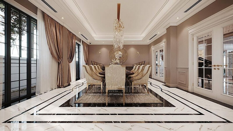 Mẫu bàn ăn tân cổ điển cao cấp với tông màu vàng kim sang trọng đươc sản xuất tại MoreHome Thiết kế nội thất