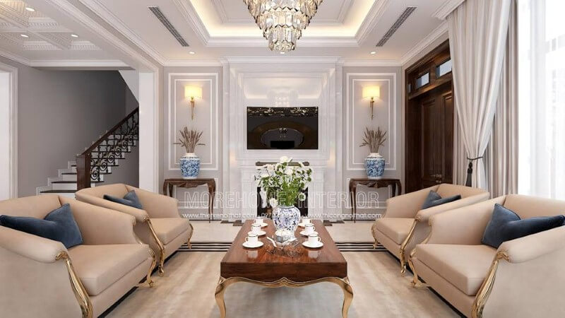 Bố trí nội thất phòng khách tân cổ điển đẹp, sang trọng tại Palm Garden. Thiết kế nội thất