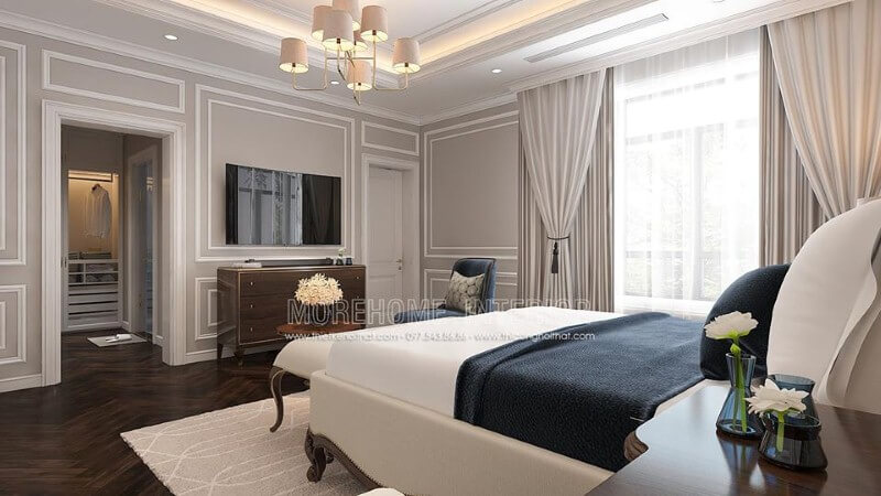Thiết kế nội thất phòng ngủ tân cổ điển có tủ quần áo đối diện giường ngủ khoa học, phong thủy. Thiết kế nội thất
