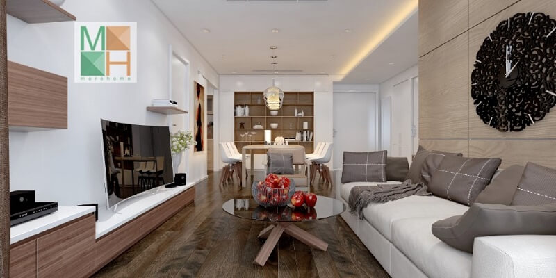 Thiết kế nội thất phòng khách chung cư đẹp với kệ ti vi treo tường kết hợp bộ sofa màu trắng với gối tựa màu ghi tạo điểm nhấn nổi bật cho căn phòng Thiết kế nội thất