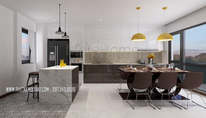 Bố trí phòng ăn lồng phòng bếp hiện đại tạo nên không gian vừa đẹp vừa tiện nghi vừa sang trọng. Thiết kế nội thất