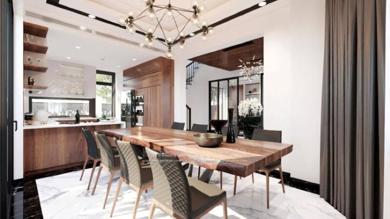 Sẽ là một gợi ý sáng tạo sẽ khiến bạn thích thú như trong mẫu thiết kế phòng bếp hiện đại biệt thự Vinhomes Imperia Hải Phòng trong đây, bố trí kệ trang trí ở vị trí gần bàn ăn nhất giúp bạn lấy ly, chén một cách dễ dàng. Thiết kế nội thất