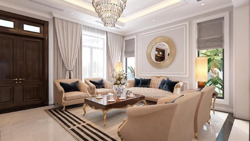 Cửa chính 2 cánh phòng khách ấn tượng với đường vân đẹp mắt cùng gam trầm độc đáo từ gỗ óc chó tự nhiên cao cấp. Thiết kế nội thất