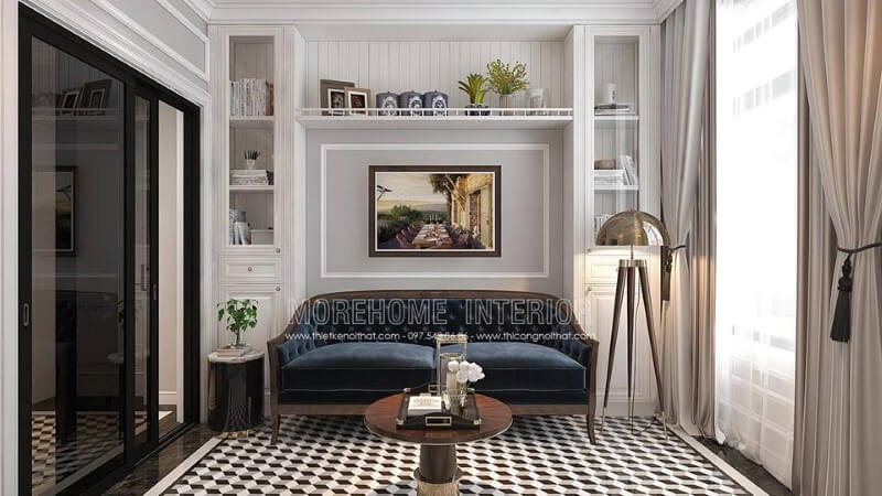 Bộ bàn ghế sofa gỗ óc chó tone xanh đẹp, độc đáo, sang trọng cho phòng đọc sách. Thiết kế nội thất