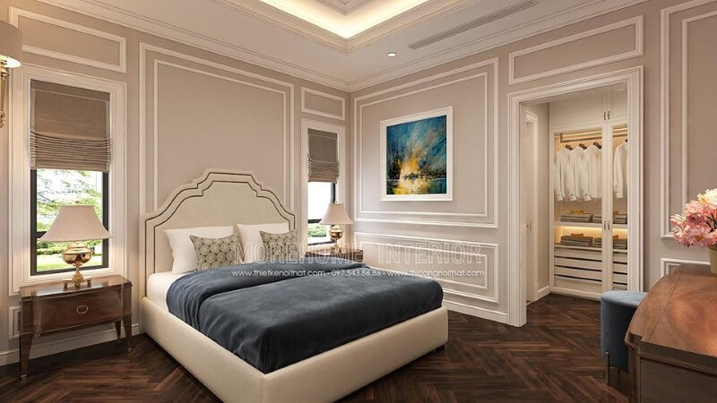 Sắp xếp nội thất phòng ngủ tân cổ điển đẹp, sang trọng, tinh tế với gam trắng chủ đạo từ giường, tường, trần thạch cao. Thiết kế nội thất
