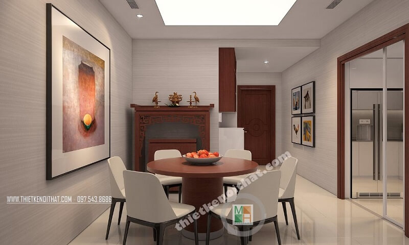 Khu vực phòng ăn chung cư được bố trí đơn giản kết hợp khu vực thờ vị trí hợp lí vừa tiết kiệm được diện và mang đến cảm giác gần gũi cho gia chủ Thiết kế nội thất