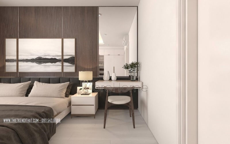 Bố trí phòng ngủ hiện đại, đẹp với gương trang trí, tranh treo tường canvas, đèn bàn cao cấp. thiết kế chung cư